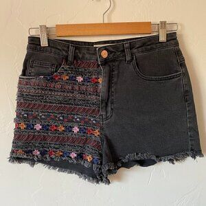 TopShop Moto Embroidered Raw Hem Black Jean Shorts